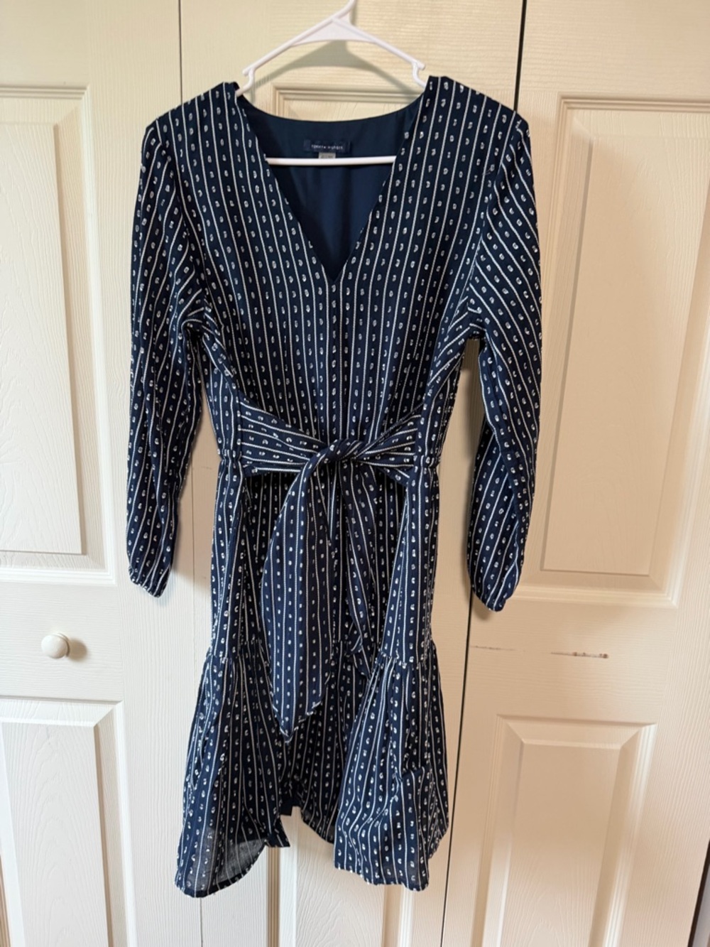 Tommy Hilfiger Navy and White Striped Tie-Waist Long Sleeve Dress